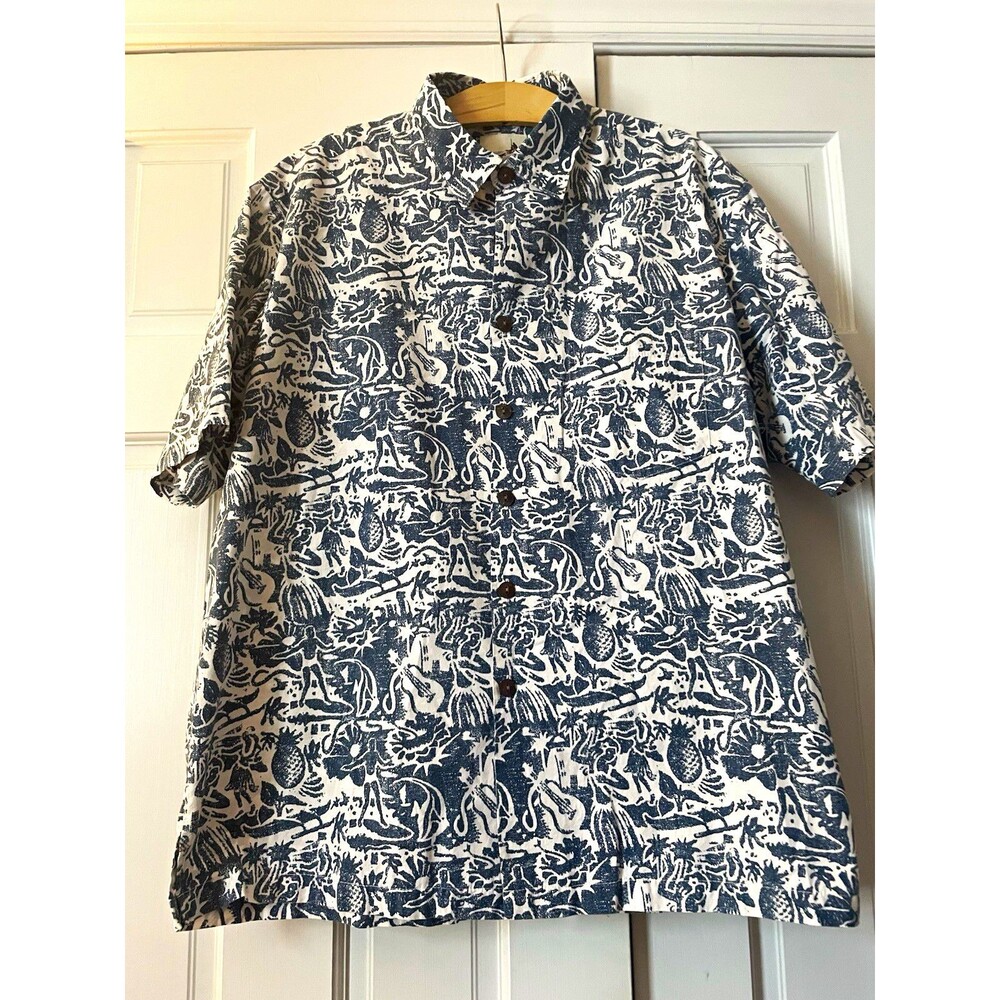 Kahala 1936 Men’s L Hawaiian Aloha Shirt Blue Hula Ukulele Pineapple Cotton
